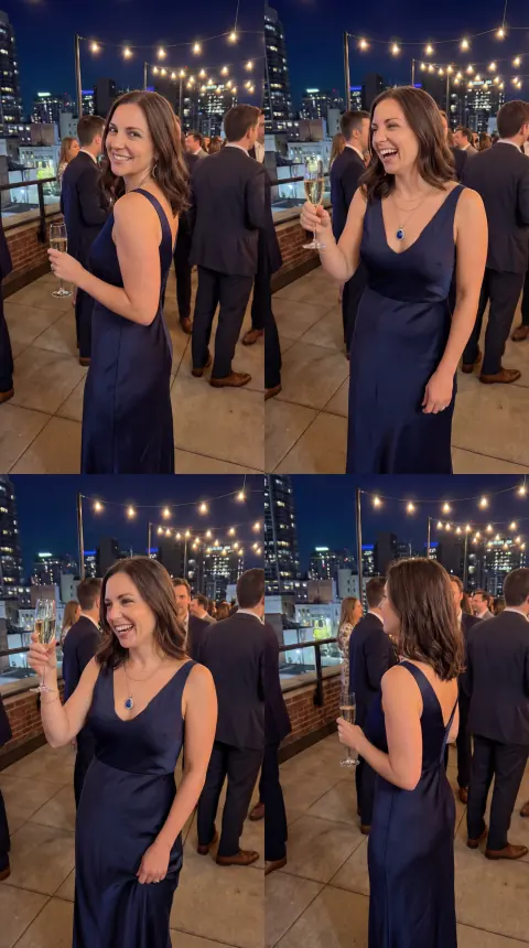 Woman wearing the blue pendant at a Denver rooftop gathering