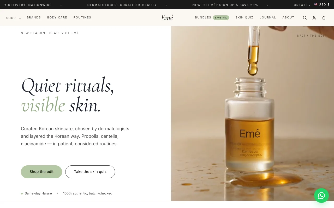 Screenshot of the Emé skincare e-commerce storefront